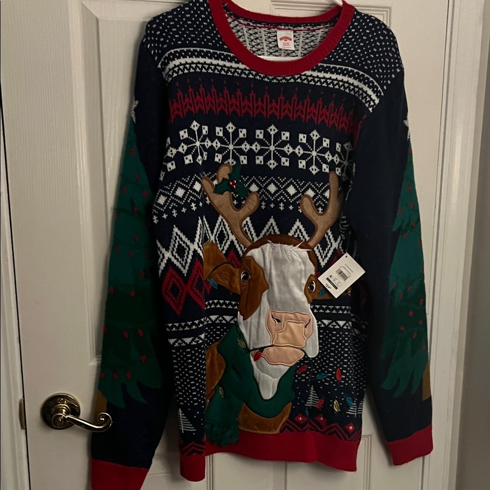 Holiday Time Festive cow Reindeer Crewneck Sweater - Red, Green, White